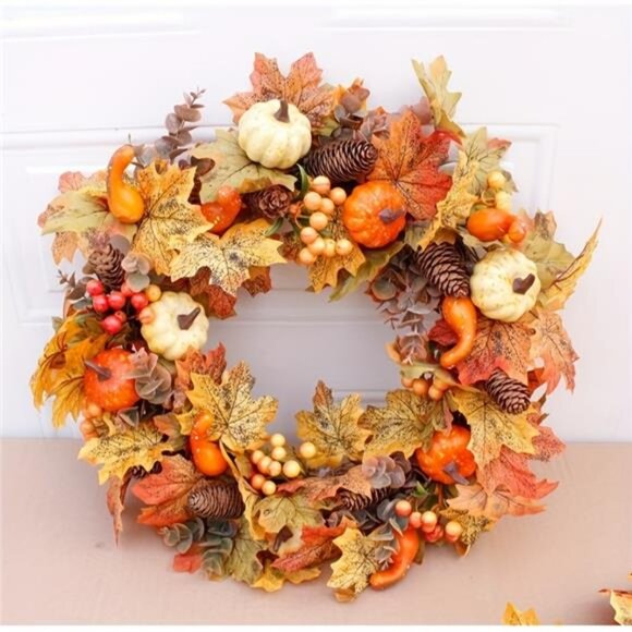 Autumn Pumpkin Berry Wreath - Classic Fall Wall Hanging with Maple Leaves - Picture 2 of 7